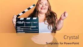  Presentation with clapboard - Colorful slide set enhanced with plus-size-caucasian-young-woman backdrop and a yellow colored foreground