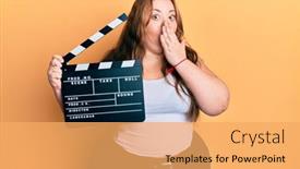  Presentation with clapboard - Amazing slides having plus-size-caucasian-young-woman backdrop and a yellow colored foreground
