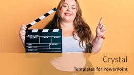  Presentation with clapboard - Presentation design with plus-size-caucasian-young-woman background and a yellow colored foreground