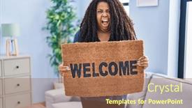  Presentation with welcome - PPT theme having plus-size-hispanic-woman-holding background and a coral colored foreground