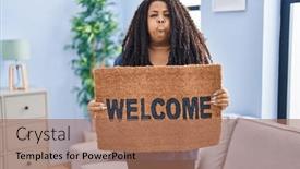  Presentation with welcome - Presentation theme with plus-size-hispanic-woman-holding background and a coral colored foreground