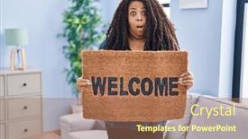  Presentation with welcome - Slide deck featuring plus-size-hispanic-woman-holding background and a coral colored foreground