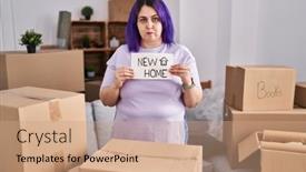  Presentation with new home - PPT theme consisting of plus-size-woman-wit-purple background and a coral colored foreground