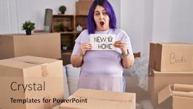  Presentation with new home - Slide set consisting of plus-size-woman-wit-purple background and a coral colored foreground