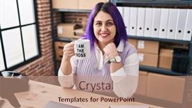  Presentation with purple business - Presentation theme consisting of plus-size-woman-wit-purple background and a coral colored foreground