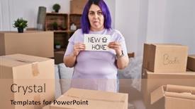  Presentation with new home - PPT theme consisting of plus-size-woman-wit-purple background and a coral colored foreground