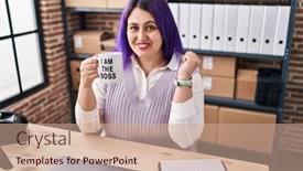  Presentation with purple business - Presentation theme featuring plus-size-woman-wit-purple background and a coral colored foreground