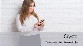  Presentation with white brick wall - Presentation theme featuring plus size women - young adult business woman background and a  colored foreground