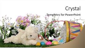  Presentation with easter basket - Beautiful presentation design featuring plush lamb laying among spring flowers and a basket of spilled easter eggs isolated on white backdrop and a white colored foreground