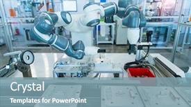  Presentation with manufacturing process - PPT theme enhanced with pneumatic robots - robotic arm catch for electronic background and a seafoam green colored foreground