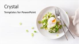  Presentation with breakfast sandwich - Theme consisting of poached egg and feta background and a white colored foreground