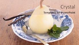  Presentation with pear - Colorful presentation enhanced with poached pear with syrup backdrop and a lemonade colored foreground