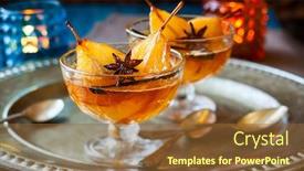  Presentation with syrup - Audience pleasing theme consisting of poached pears in spiced syrup for holiday backdrop and a tawny brown colored foreground