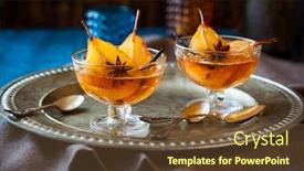  Presentation with syrup - Audience pleasing presentation theme consisting of poached pears in spiced syrup for holiday backdrop and a tawny brown colored foreground