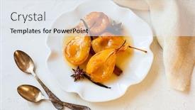  Presentation with syrup - Presentation theme with poached pears with spices in syrup on the white plate delicious dessert for holiday background and a sky blue colored foreground