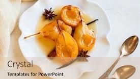  Presentation with syrup - PPT layouts featuring poached pears with spices in syrup on the white plate delicious dessert for holiday background and a coral colored foreground