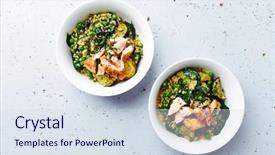  Presentation with green onions and bulb onion - PPT theme consisting of poaching - bulgur with green vegetables background and a sky blue colored foreground