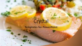  Presentation with salmon dish - Colorful PPT theme enhanced with poaching - grilled salmon and rice-french cuisine backdrop and a gold colored foreground