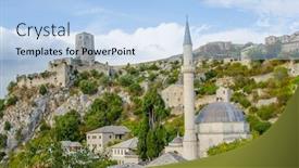 Presentation with bosnia - Slides with pocitelj bosnia and herzegovina - medieval fort and hajji alija mosque background and a light blue colored foreground
