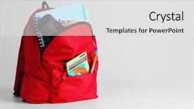  Presentation with wooden board empty table top - Audience pleasing PPT layouts consisting of pocket calculator - backpack with school supplies backdrop and a light gray colored foreground