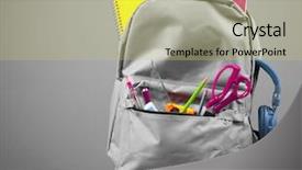  Presentation with backpack - Audience pleasing PPT theme consisting of pocket calculator - school backpack on grey background backdrop and a yellow colored foreground