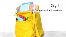  Presentation with backpack - Audience pleasing presentation consisting of pocket calculator - yellow school backpack isolated backdrop and a white colored foreground