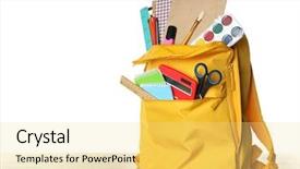  Presentation with backpack - Colorful presentation enhanced with pocket calculator - yellow school backpack isolated backdrop and a blonde colored foreground