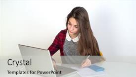  Presentation with spiral notebook for google - Slide set with pocket calculator - young girl studying with notebook background and a light gray colored foreground