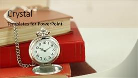  Presentation with vintage clock - Audience pleasing PPT theme consisting of pocket clock and vintage books on light wall background backdrop and a coral colored foreground