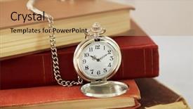  Presentation with vintage clock - Cool new PPT theme with pocket clock and vintage books on light wall background backdrop and a coral colored foreground