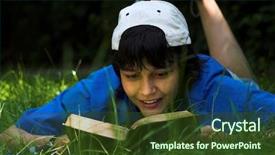  Presentation with clear sunny day rural landscape - PPT theme enhanced with poetry kids - boy reading in the park background and a tawny brown colored foreground