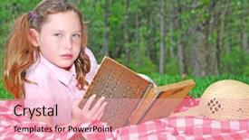  Presentation with child girl reading a book - Presentation theme having poetry kids - young girl reading book outdoors background and a  colored foreground