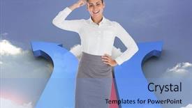  Presentation with blue - PPT theme with point point b - smiling thoughtful businesswoman against blue background and a light blue colored foreground