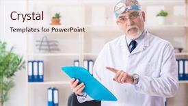  Presentation with aged - Presentation theme featuring point care test - aged male doctor laryngologist working background and a  colored foreground