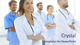  Presentation with multiracial team of young doctors stacking hands - Amazing PPT theme having point care test - bottom view professional team backdrop and a sky blue colored foreground