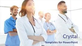  Presentation with professional - Amazing slide deck having point care test - bottom view professional team backdrop and a sky blue colored foreground