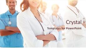  Presentation with multiracial team of young doctors stacking hands - Cool new slide set with point care test - bottom view professional team backdrop and a  colored foreground