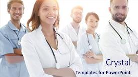  Presentation with multiracial team of young doctors stacking hands - Theme with point care test - bottom view professional team background and a  colored foreground