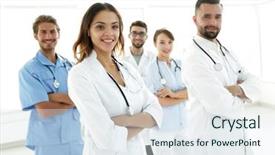  Presentation with professional - Colorful slide deck enhanced with point care test - bottom view professional team backdrop and a sky blue colored foreground