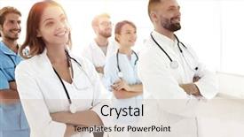  Presentation with multiracial team of young doctors stacking hands - Colorful PPT theme enhanced with point care test - bottom view professional team backdrop and a soft green colored foreground