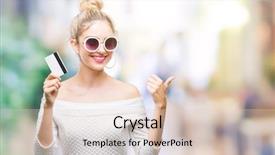  Presentation with credit card - PPT theme enhanced with trust purchase - young beautiful blonde woman holding background and a lemonade colored foreground