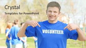  Presentation with volunteer - Presentation design enhanced with point pollution - handsome young volunteer with team background and a  colored foreground