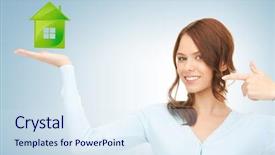  Presentation with green house - Audience pleasing slide deck consisting of point pollution - young woman pointing her finger backdrop and a sky blue colored foreground