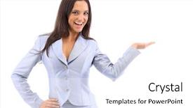  Presentation with blank - Beautiful presentation theme featuring point sell - young attractive woman holds palm backdrop and a white colored foreground