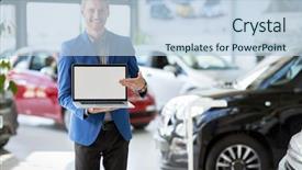  Presentation with car body repairer holding - Presentation consisting of point sell - cheerful car agent holding open background and a light blue colored foreground