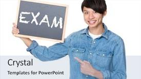  Presentation with finger point - Presentation design featuring asian man finger point to chalkboard and showing a word exam background and a light blue colored foreground