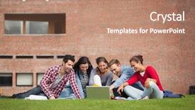  Presentation with college-campus - Cool new PPT theme with pointing at laptop on campus backdrop and a coral colored foreground