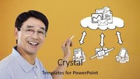  Presentation with robot elderly - Slide set having pointing behind him against yellow background and a yellow colored foreground