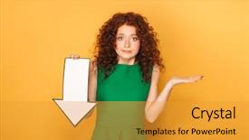  Presentation with yellow - Slide deck enhanced with woman in dress pointing down background and a gold colored foreground