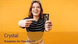  Presentation with credit card - Colorful slide set enhanced with pointing finger at credit card backdrop and a gold colored foreground